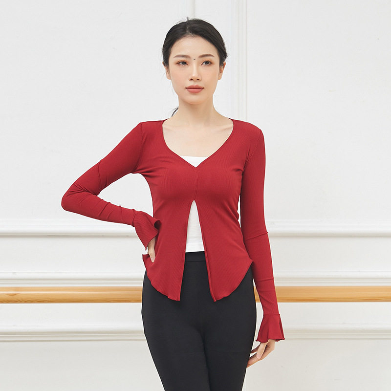 古典现代舞蹈身韵练功演出服女收腰长袖基训半开衫上衣表演外贸