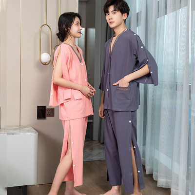 棉布前后开衫情侣男女长袖长裤两侧开叉艾灸服推拿服按摩服肩袖开