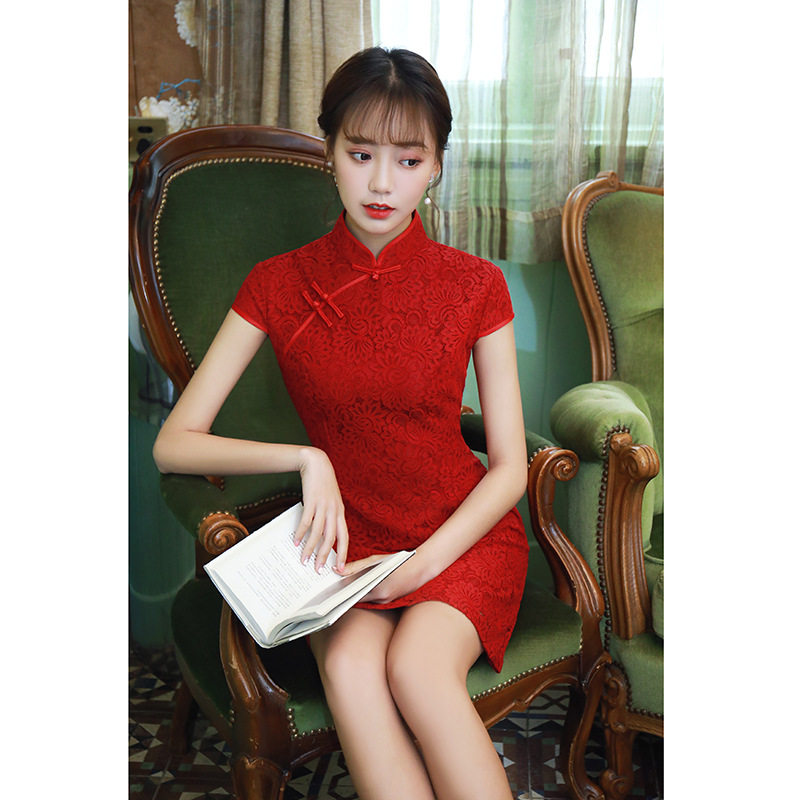 夏季红色蕾丝短款旗袍复古气质中国风新娘红妆敬酒服小个子女装