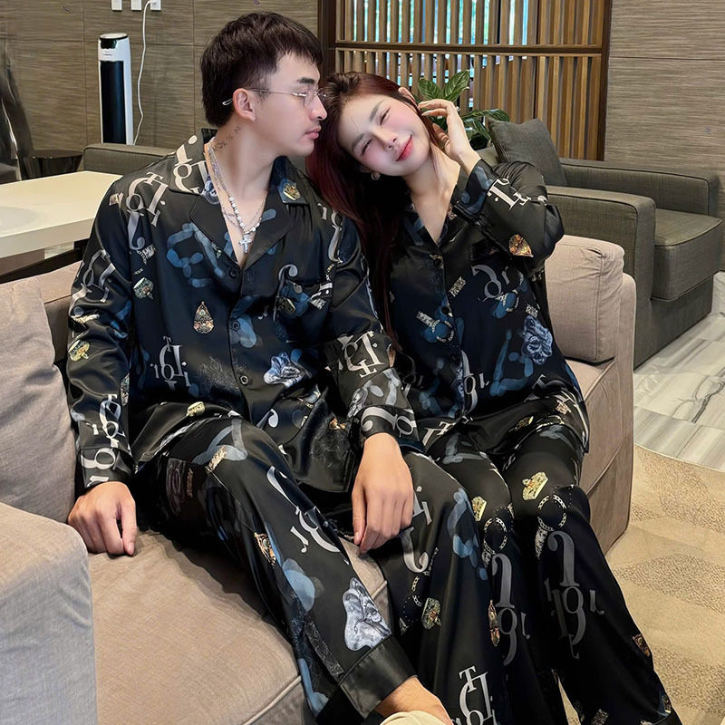 情侣睡衣女春秋2026新款冰丝长袖开衫套装外穿感男士家居服夏外贸