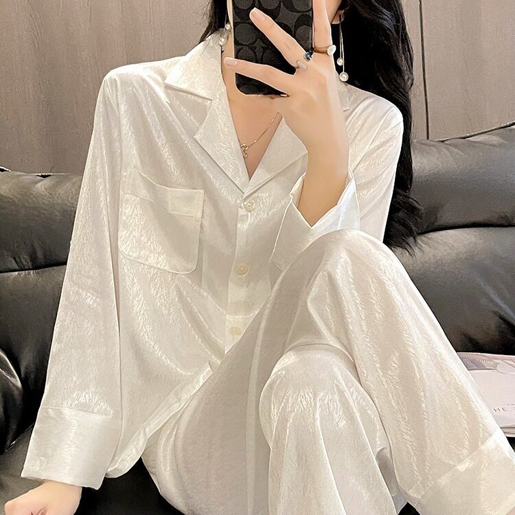 新款春夏季薄款冰丝睡衣女高级感长袖提花开衫女士家居服套装外贸