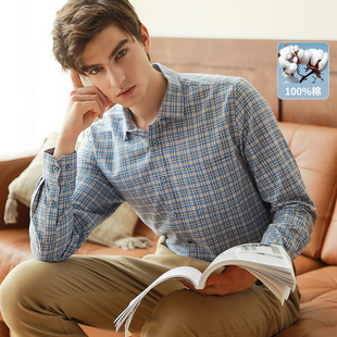 格子衬衫男士长袖秋季新款全棉休闲韩版英伦修身纯棉磨毛透气衬衣