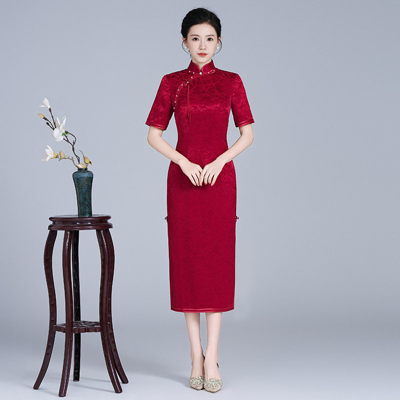 2026春夏新款国风感醋酸提花妈妈装旗袍婚宴婚宴喜婆婆礼服跨境