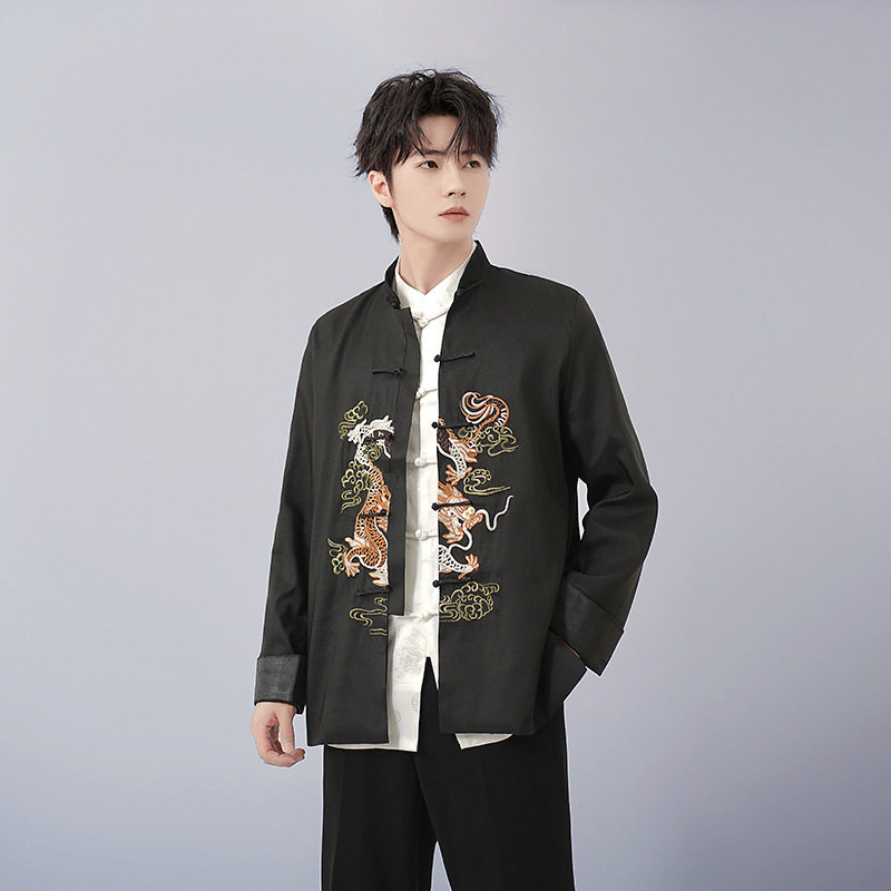 2026春秋新款爸爸唐装男衬衫套装长袖中老年太极服中国风晨练表演