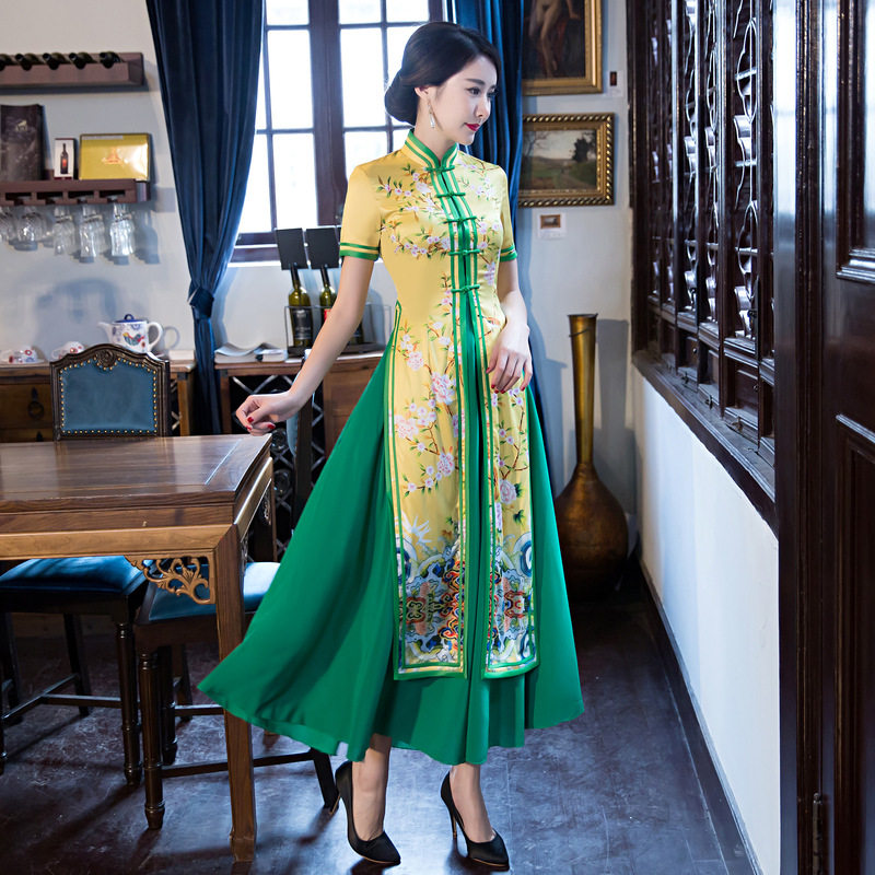 2026年春夏秋新款旗袍长款两件套表演礼服连衣裙修身长袖礼服女装