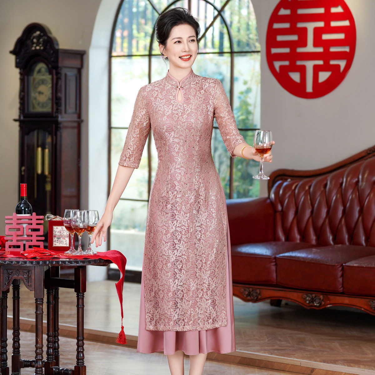 2026夏季新款感女旗袍连衣裙婚礼国潮婚宴装妈妈装气质中袖礼服女