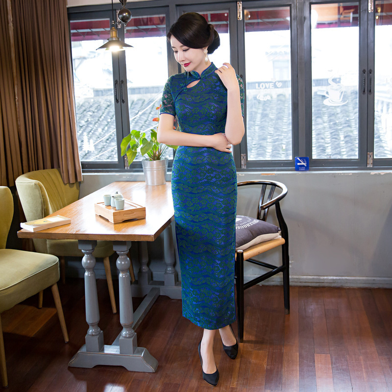 长款旗袍2025春夏新款短袖修身日常中式蕾丝旗袍中式连衣裙礼服女