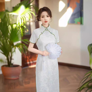 气质优雅淑女范浅色提花短袖旗袍2025夏季新款淡雅古风文艺中长款