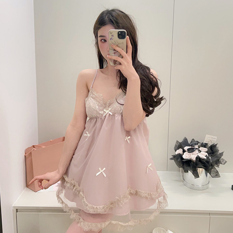 粉红泡泡纱吊带裙蝴蝶结甜美女士睡衣春夏季冰丝舒适家居服套装