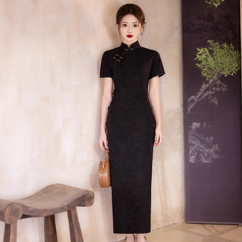 旗袍2026新款改良复古敬酒服新娘短袖黑色订婚新中式结婚连衣裙女