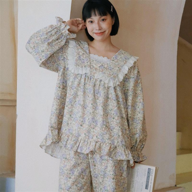新款法式长袖少女睡衣女士秋冬季纯棉磨毛绒布家居服全棉套装甜美