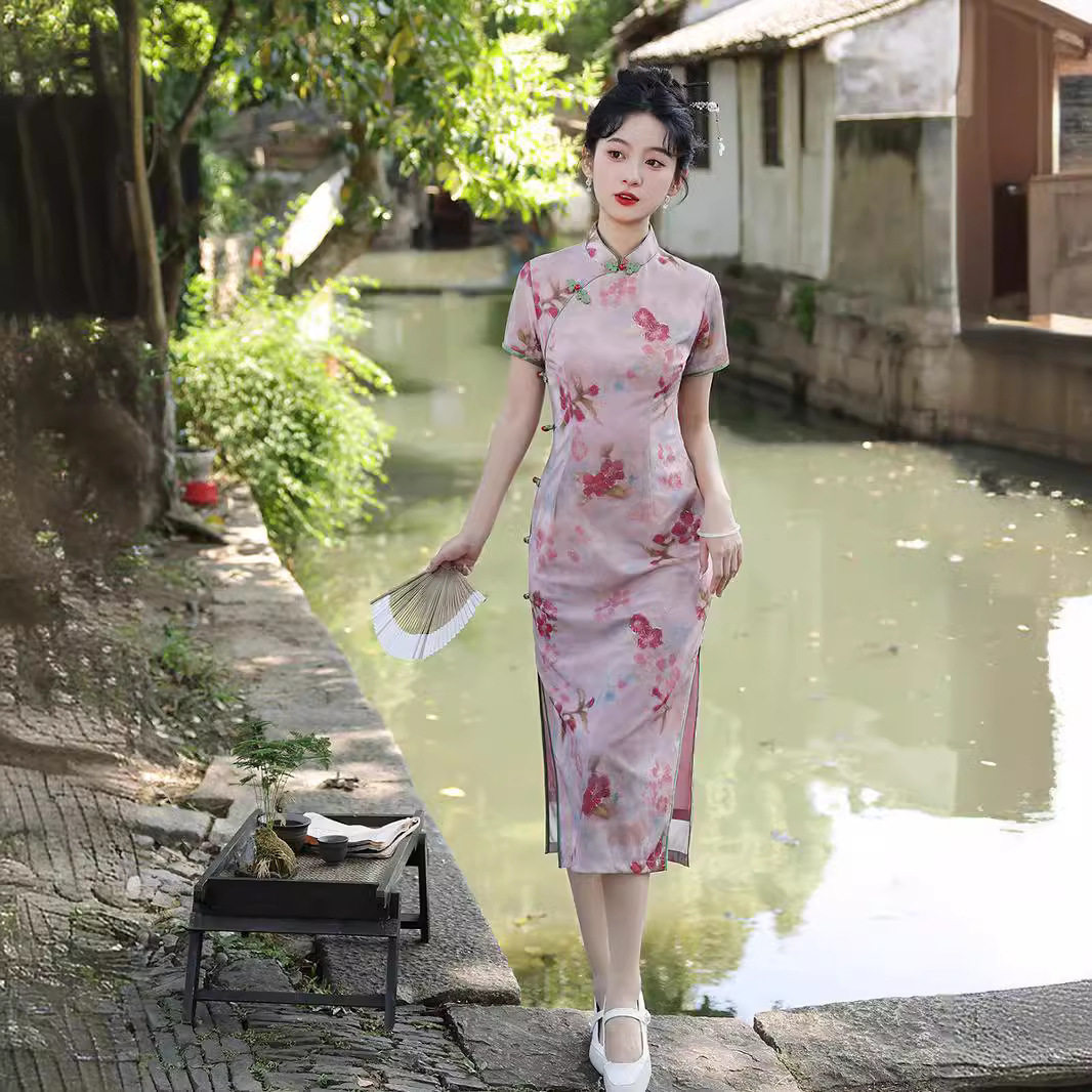 礼服弹力网纱蕾丝轻薄透气粉底红花旗袍2026夏季新款复古连衣裙女