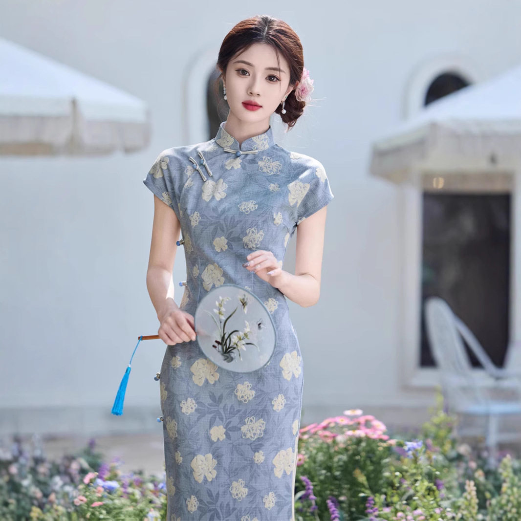 2026春夏新款竹节麻蓝色印花中长款旗袍新中式国风优雅气质女礼服