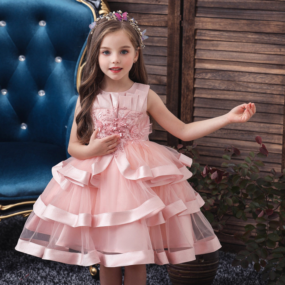 欧美女童裙婚礼花童连衣裙镶钻绣花网纱蛋糕裙中小童baby dress