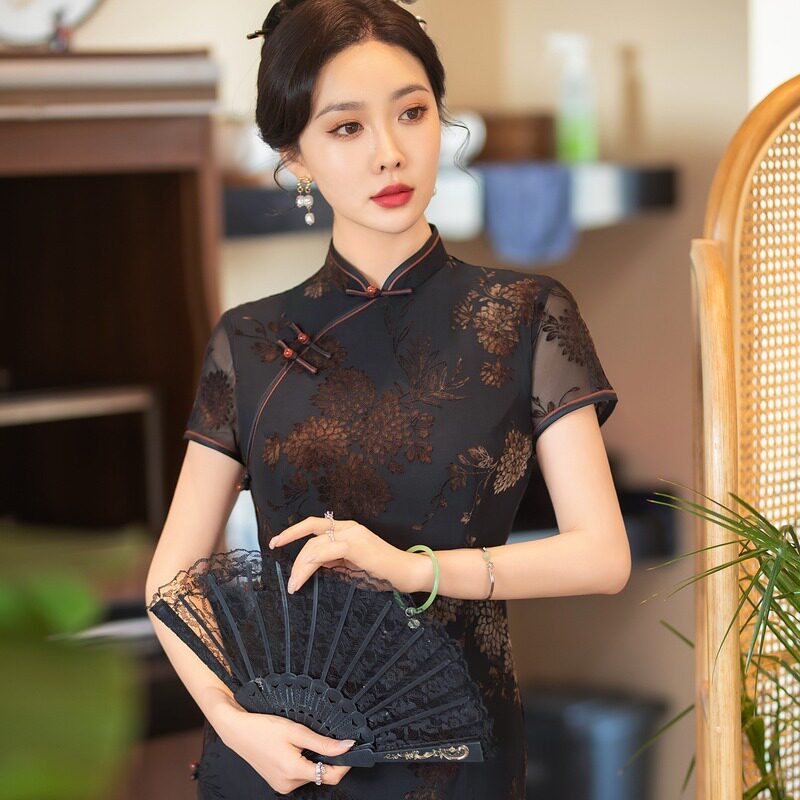 植绒旗袍2026春季改良年轻长款女装日常修身显瘦复古气质短袖礼服