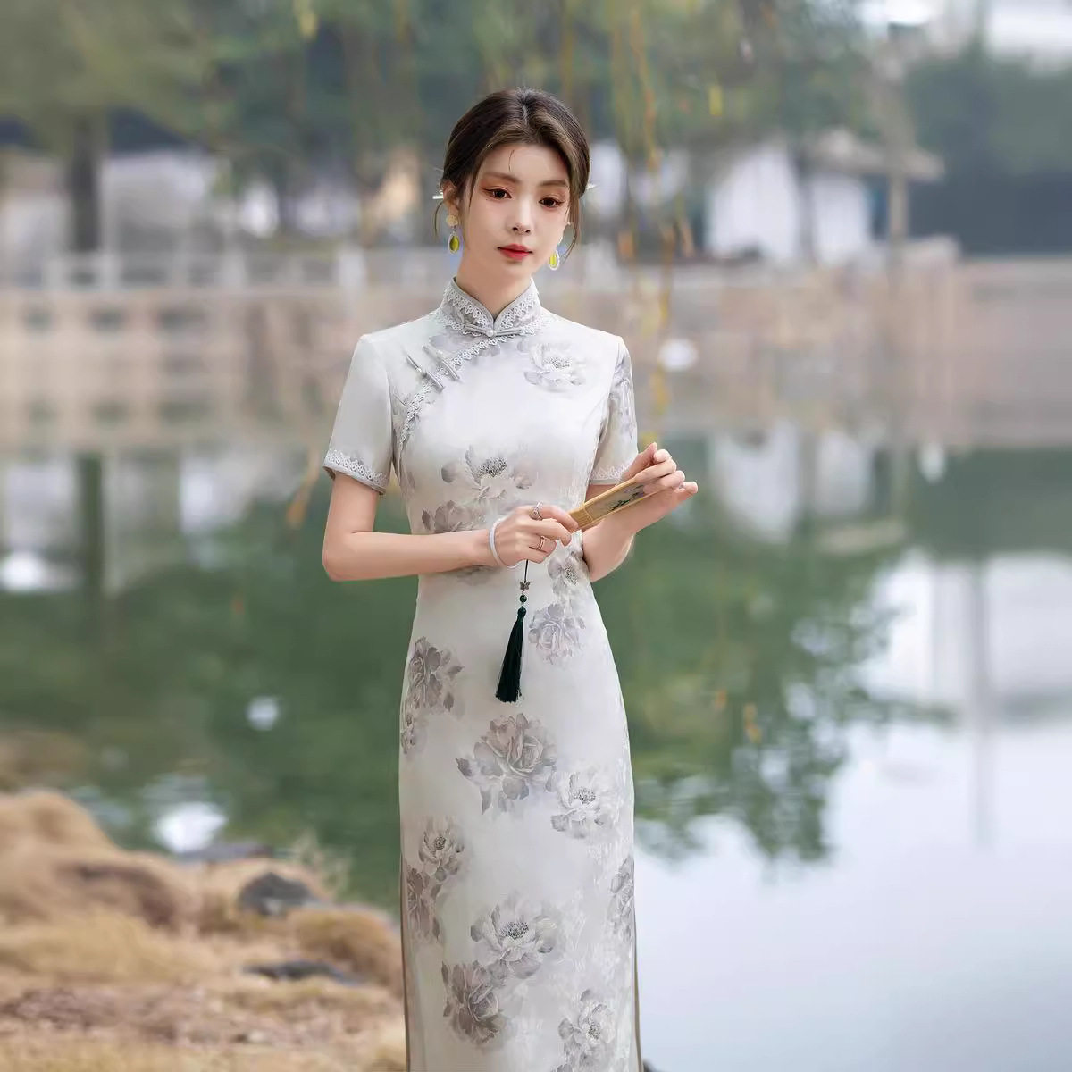 老上海长款旗袍2026春季新款新中式年轻款气质长袖国风连衣裙礼服