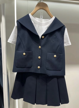 依恋2024夏季新款高级感海军领短款无袖背心马甲女上衣EEVWE25Y01