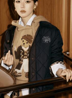 赵露思同款2024秋冬新款小熊学院风宽松翻领菱格棉服棉衣外套女