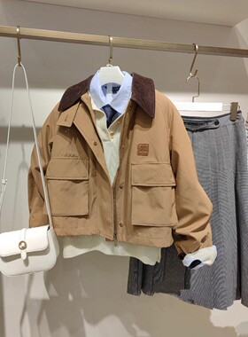 赵露思同款2025秋新款小熊复古撞色夹克工装风短款轻薄棉服外套女