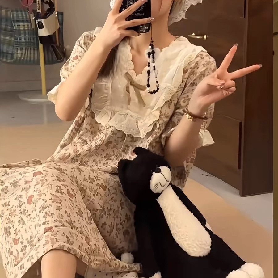 【弗洛伊德】夏季薄款女日系睡裙纯棉绉布短袖睡裙碎花睡衣家居服
