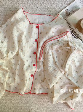 【樱桃香草】夏季女睡衣泡泡纱密拷花边家居服长袖长裤纯棉套装