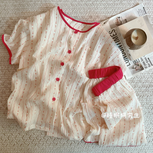 【樱桃冰沙】夏季女睡衣家居服软料泡泡纱纯棉套装双口袋