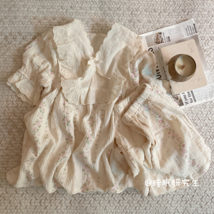 短裤 短袖 夏季 睡衣纯棉新款 女家居服休闲绉布 ＊ 套装 克丽丝塔