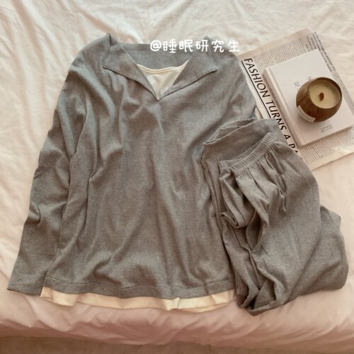 Basic Wear淡人清水系秋季女睡衣软料简约家居服纯棉假两件套装