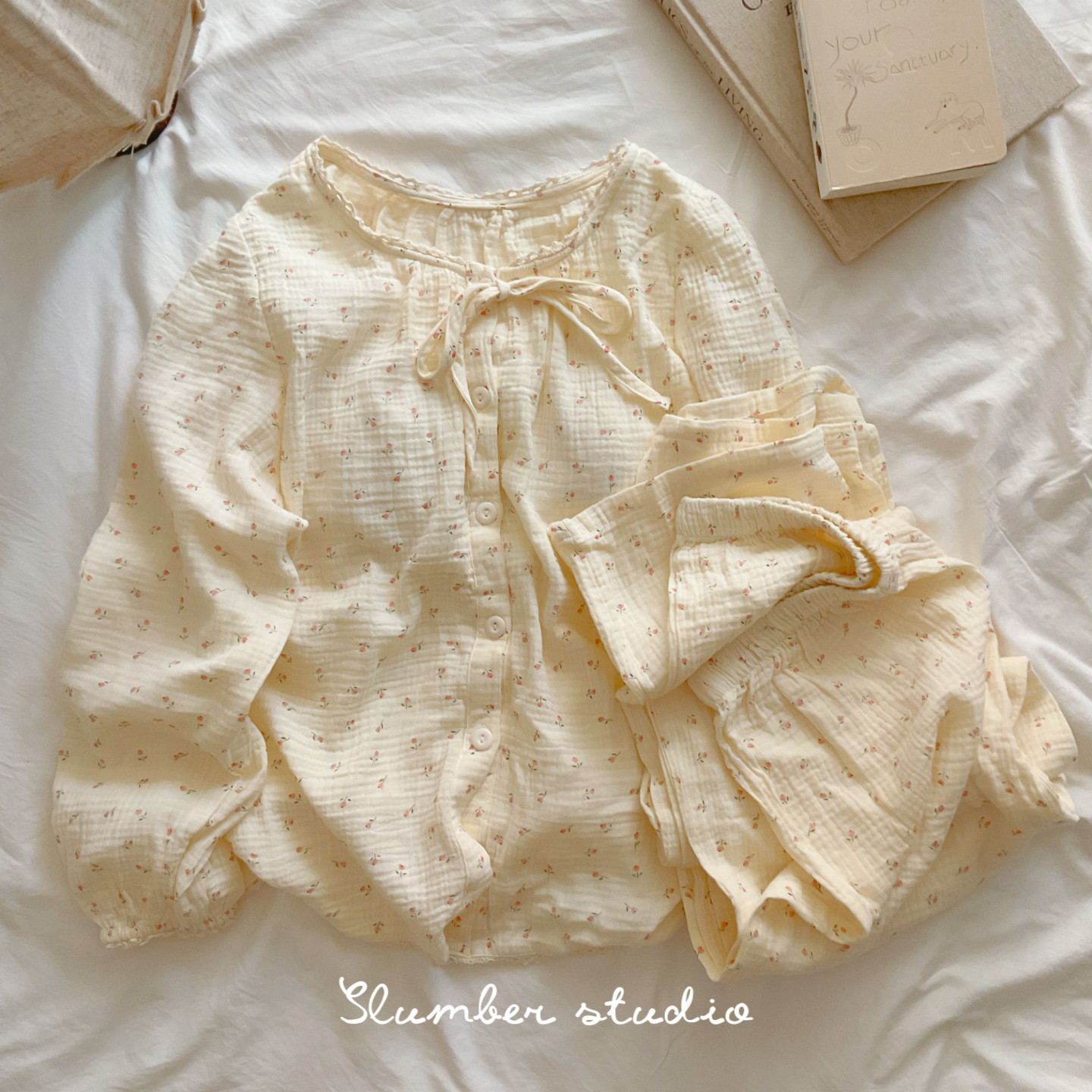 【仲夏赞美诗】带胸垫秋季女睡衣纯棉长袖套装绉布睡眠研究生