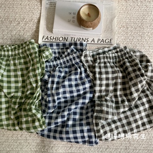 【遛弯裤子】春夏季女睡裤日系格子双口袋针织棉百搭长裤可外穿