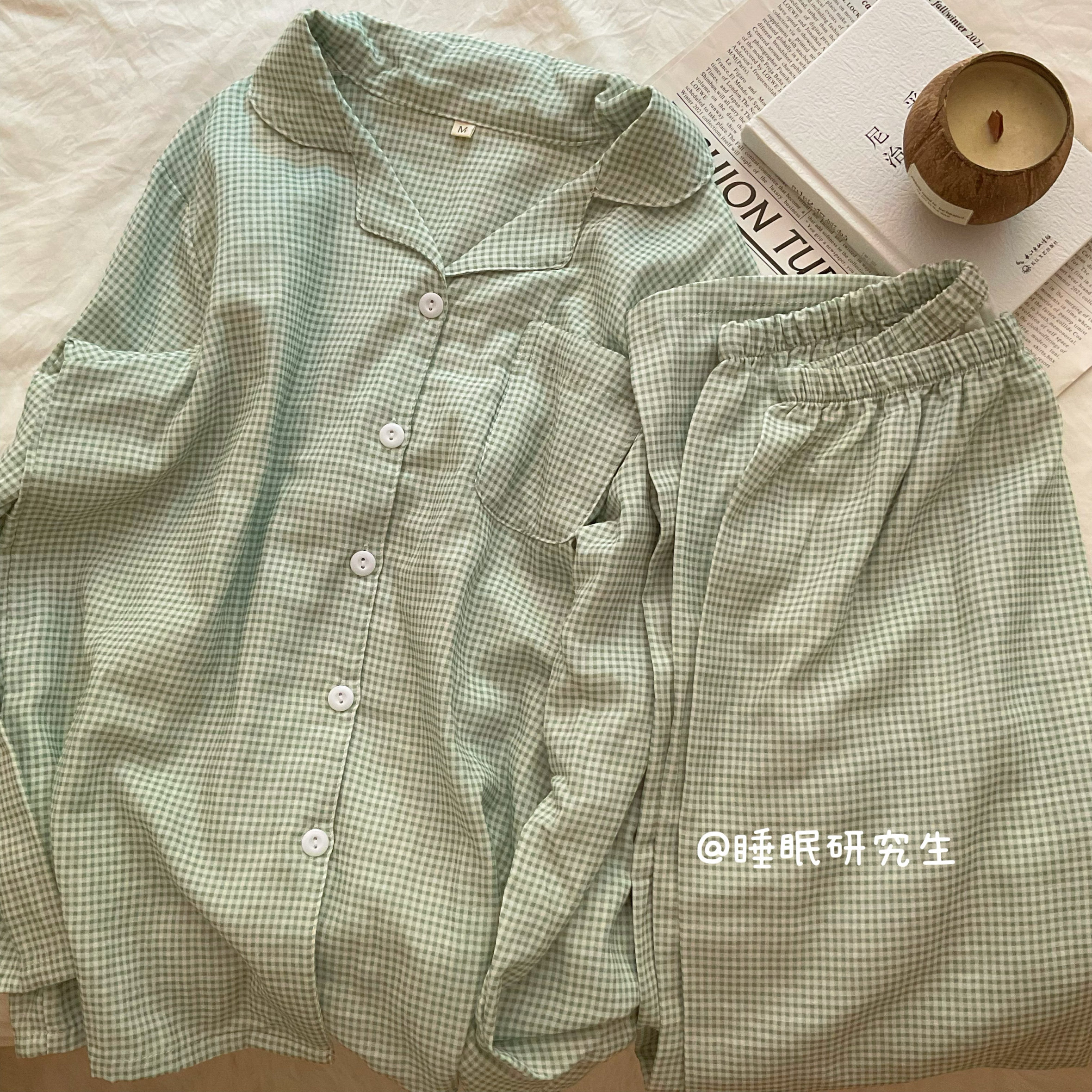 【睡眠麦田】情侣款纯棉套装双层纱软料婴儿棉家居服格子简约休闲