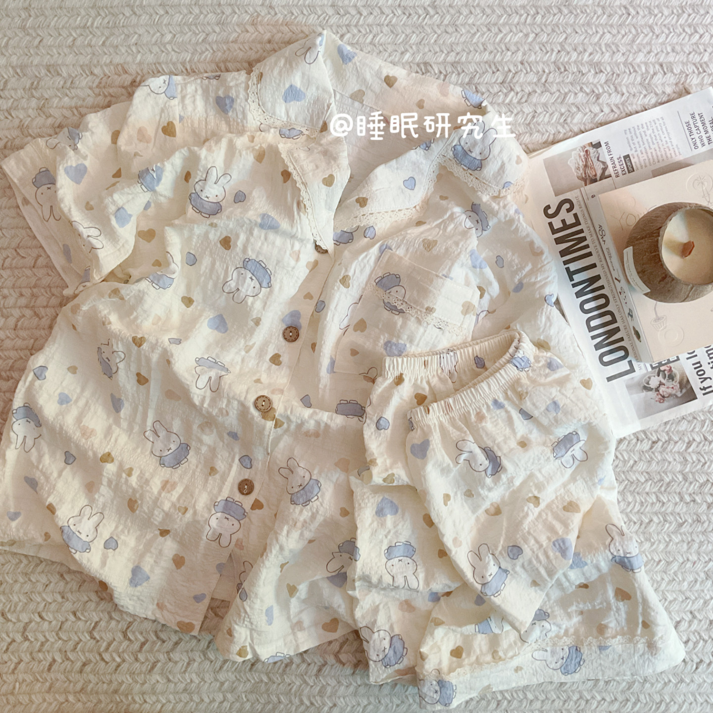 【小奶皮系列】带胸垫夏季女睡衣家居服软料空气感短袖短裤套装