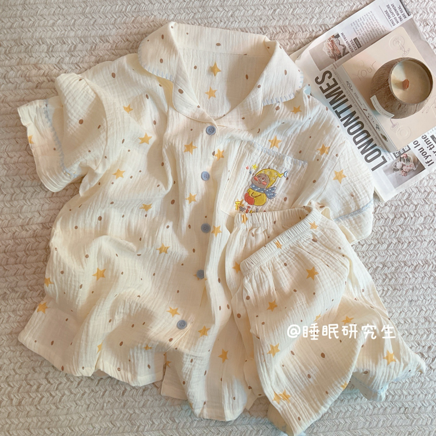 【星星登陆】夏季女睡衣短袖短裤家居服软料纯棉套装双口袋