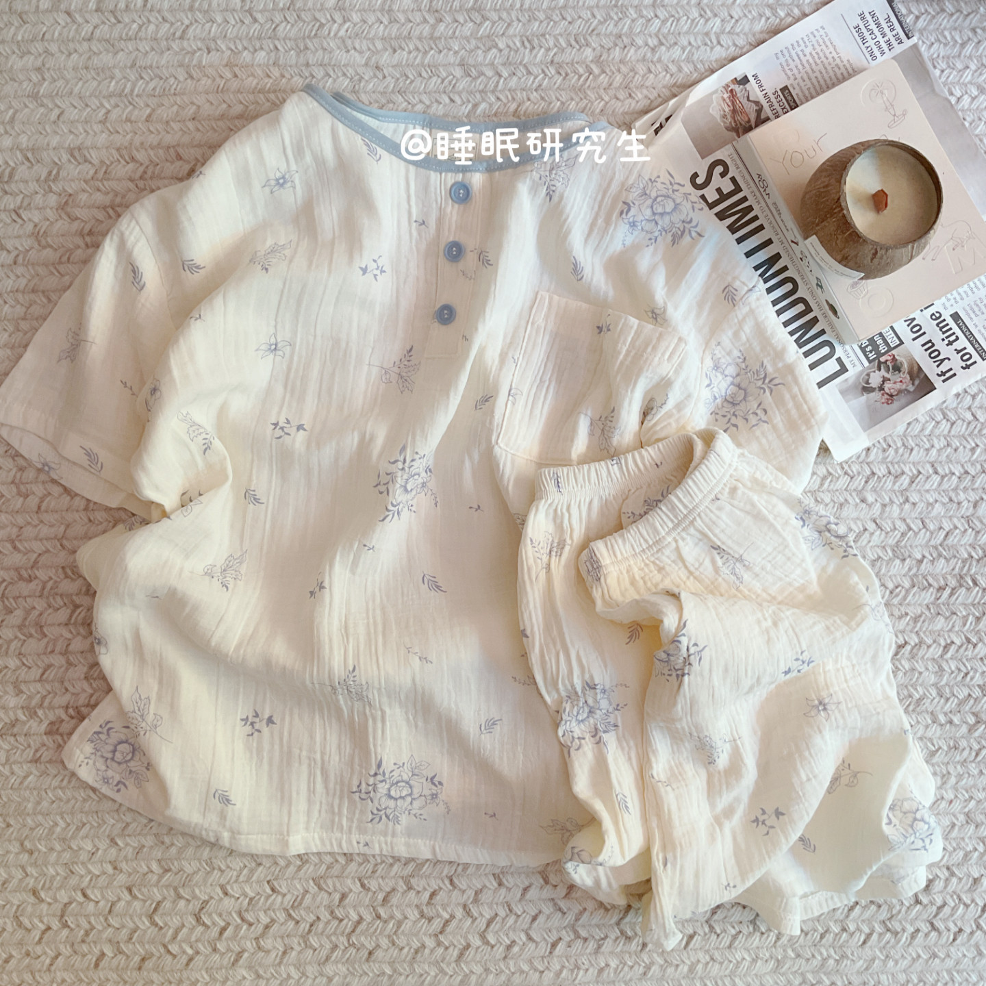 【雪花软酪】夏季女睡衣短袖短裤家居服软料纯棉套装双口袋