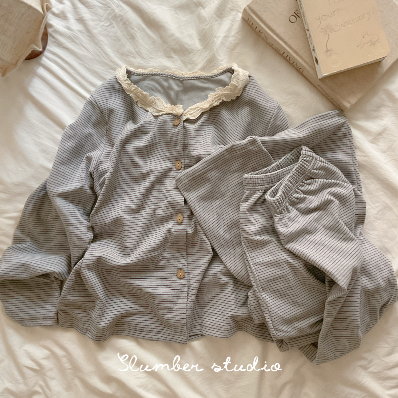 【斯嘉丽】小鹿绒秋冬女睡衣弹力软料条纹家居服德绒套装带胸垫