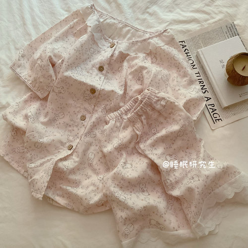 【舒芙蕾】A类全棉柔雾纱系列夏款女睡衣纯棉套装软料双层纱兔子
