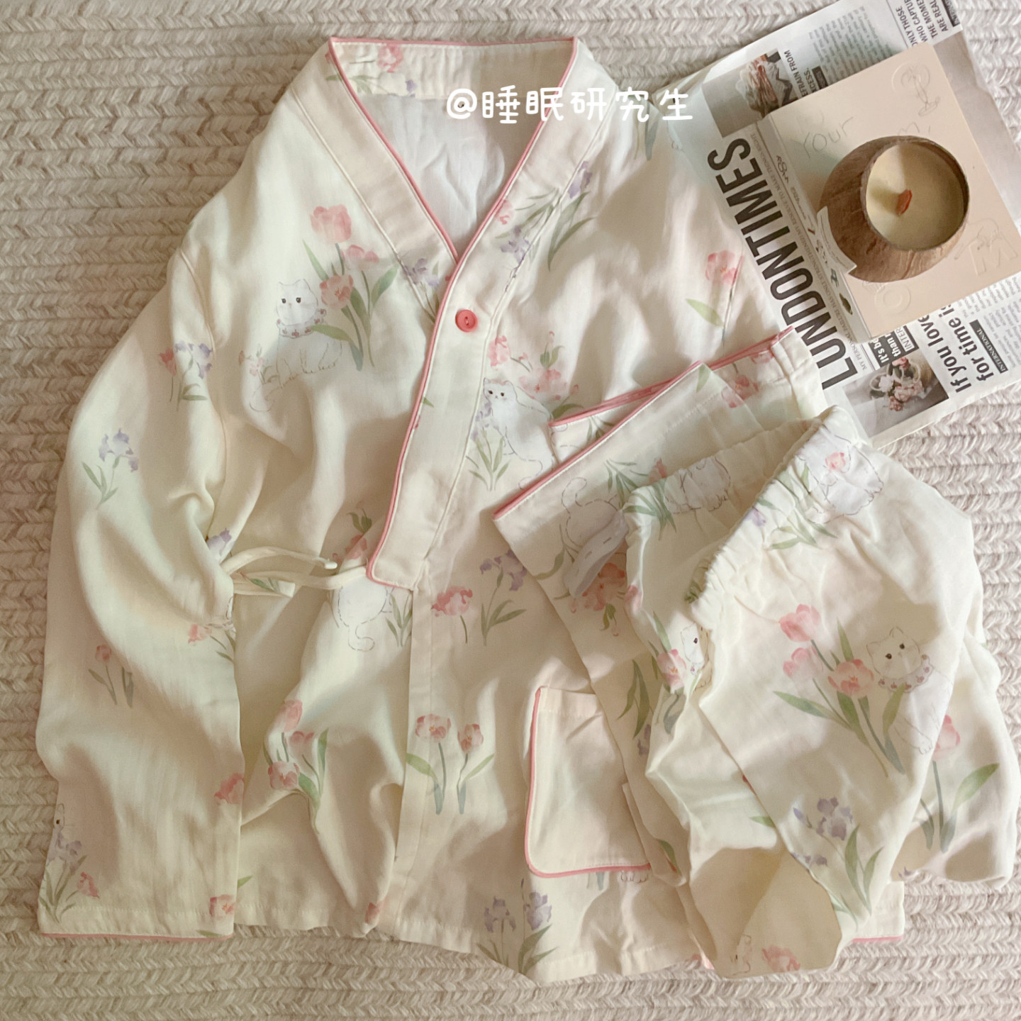 【baby舒伴系列】A类纯棉夏季女睡衣长袖长裤月子服小猫花园套装