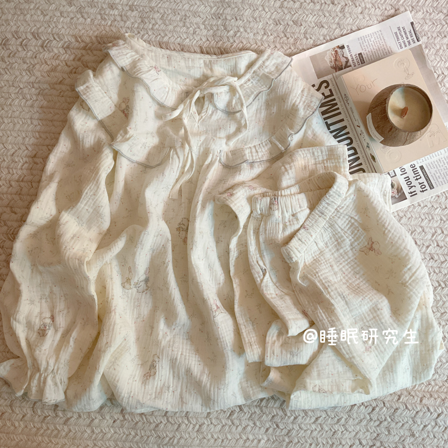 *【氧气森林】秋季女睡衣软料绉布双层纱家居服纯棉花边长袖长裤