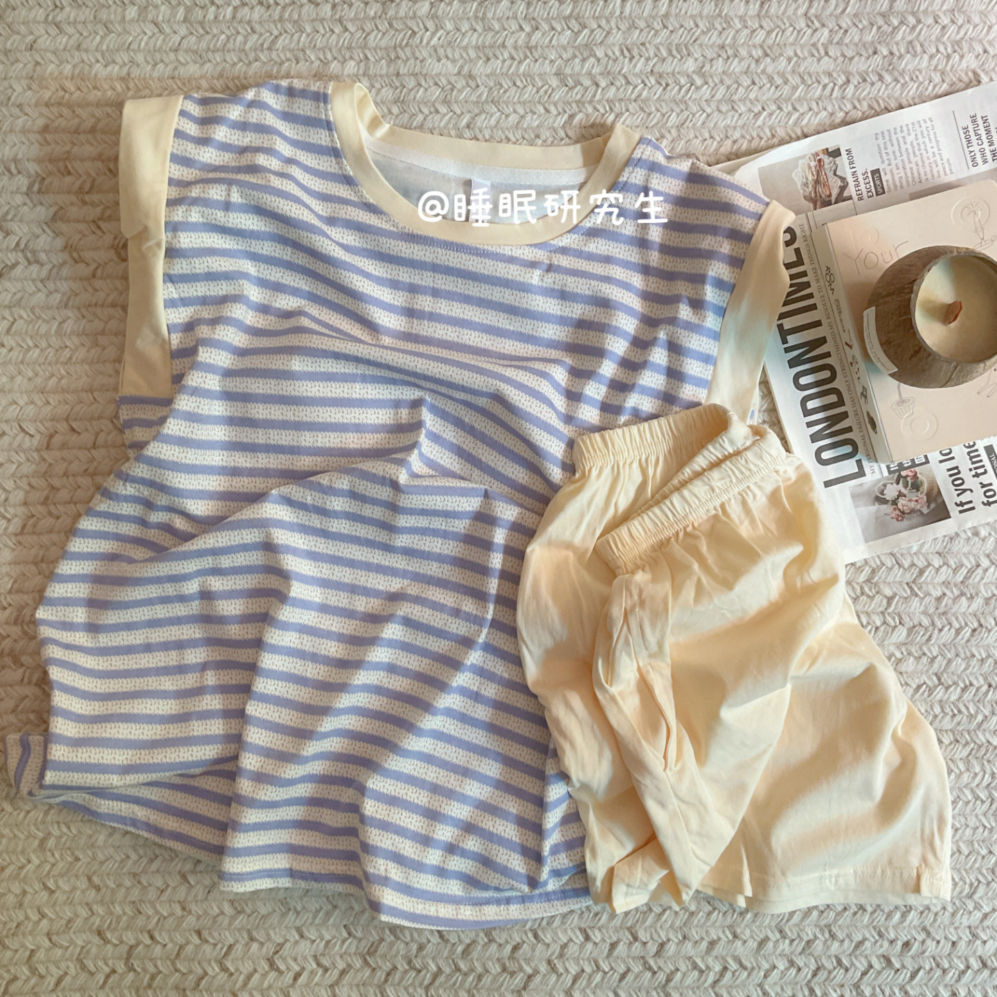 【蓝莓乳酪】带胸垫夏女睡衣条纹无袖短裤纯棉套装双口袋