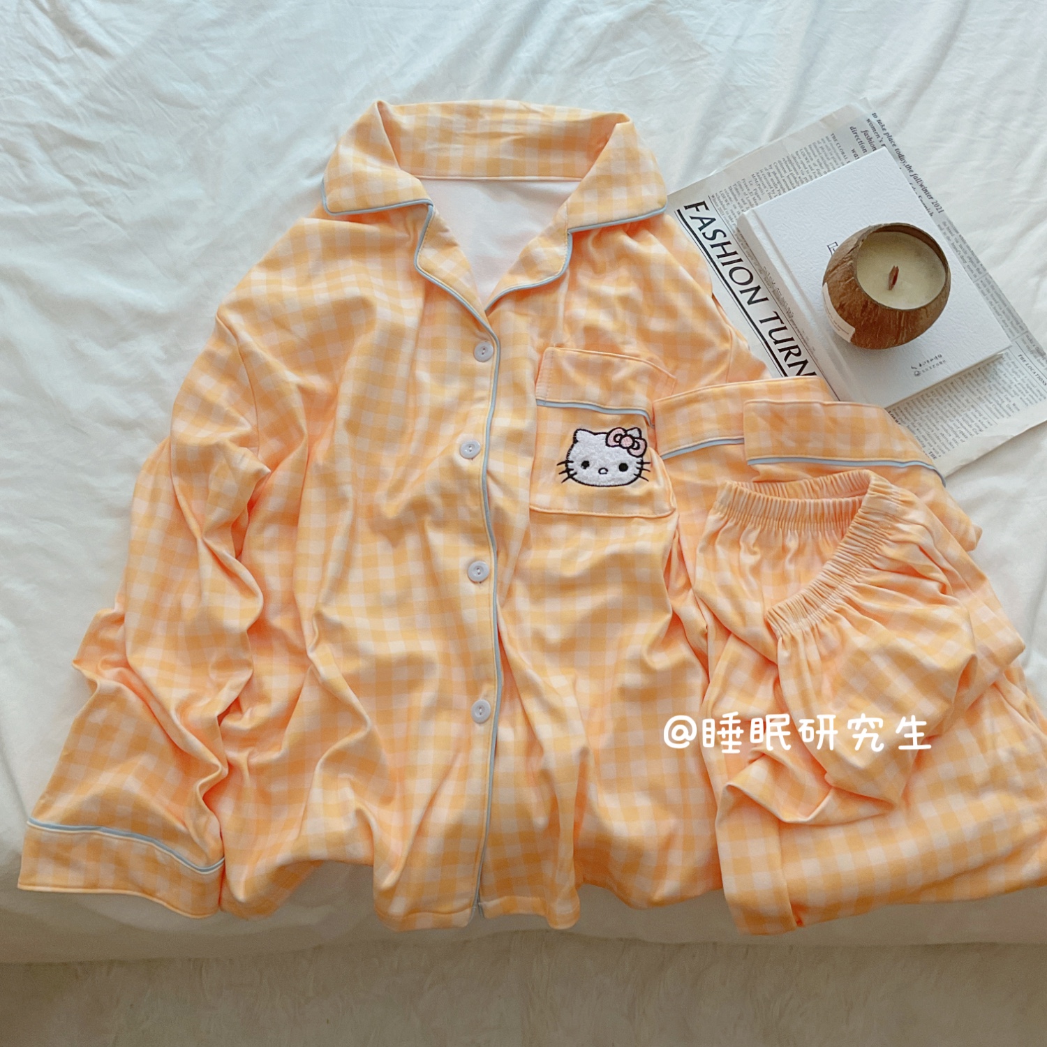 【龙舌兰甜橙】秋冬季女睡衣软料德绒简约格子家居服kitty套装