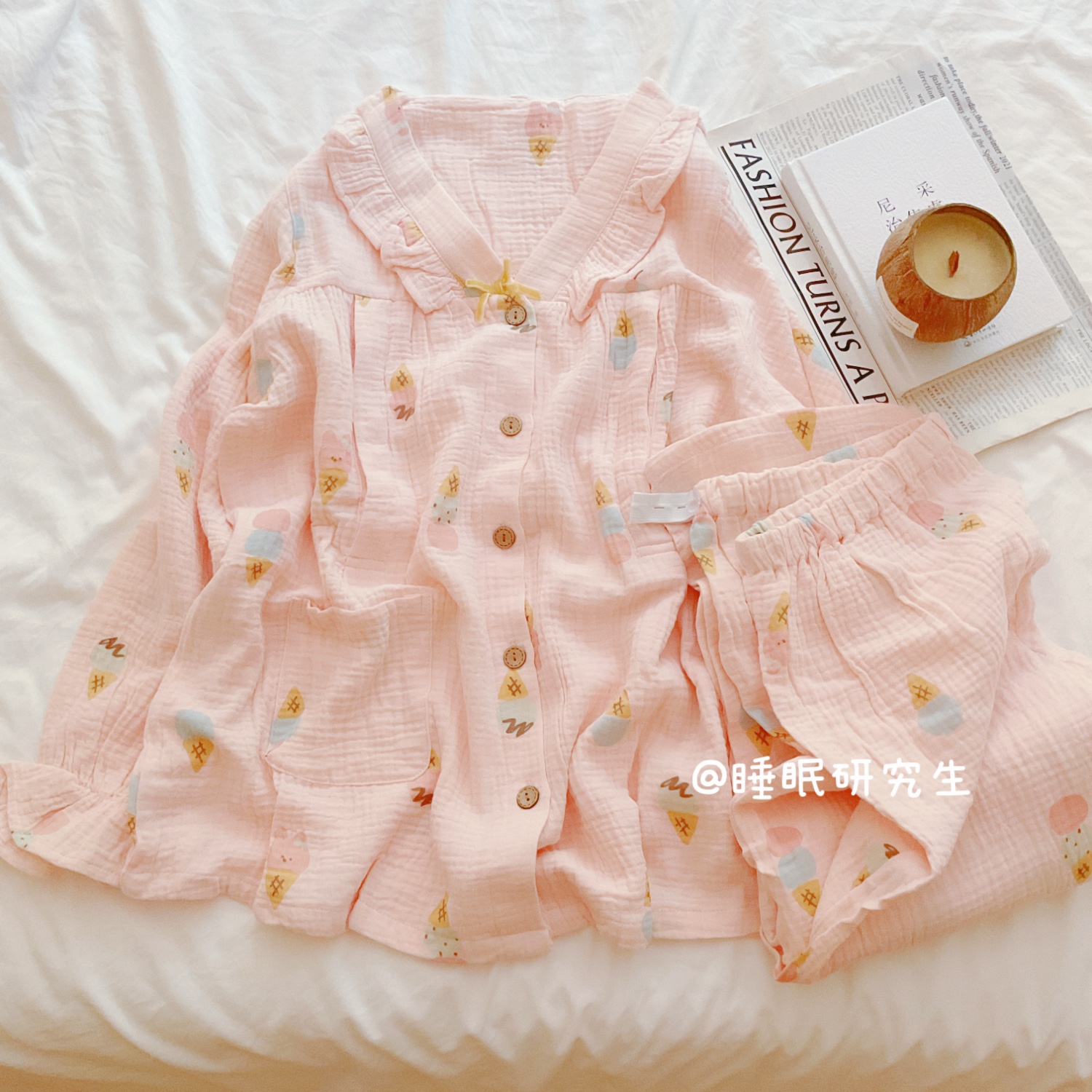 【香草小甜筒】秋季女睡衣婴儿棉家居服纯棉套装绉布双层纱月子服