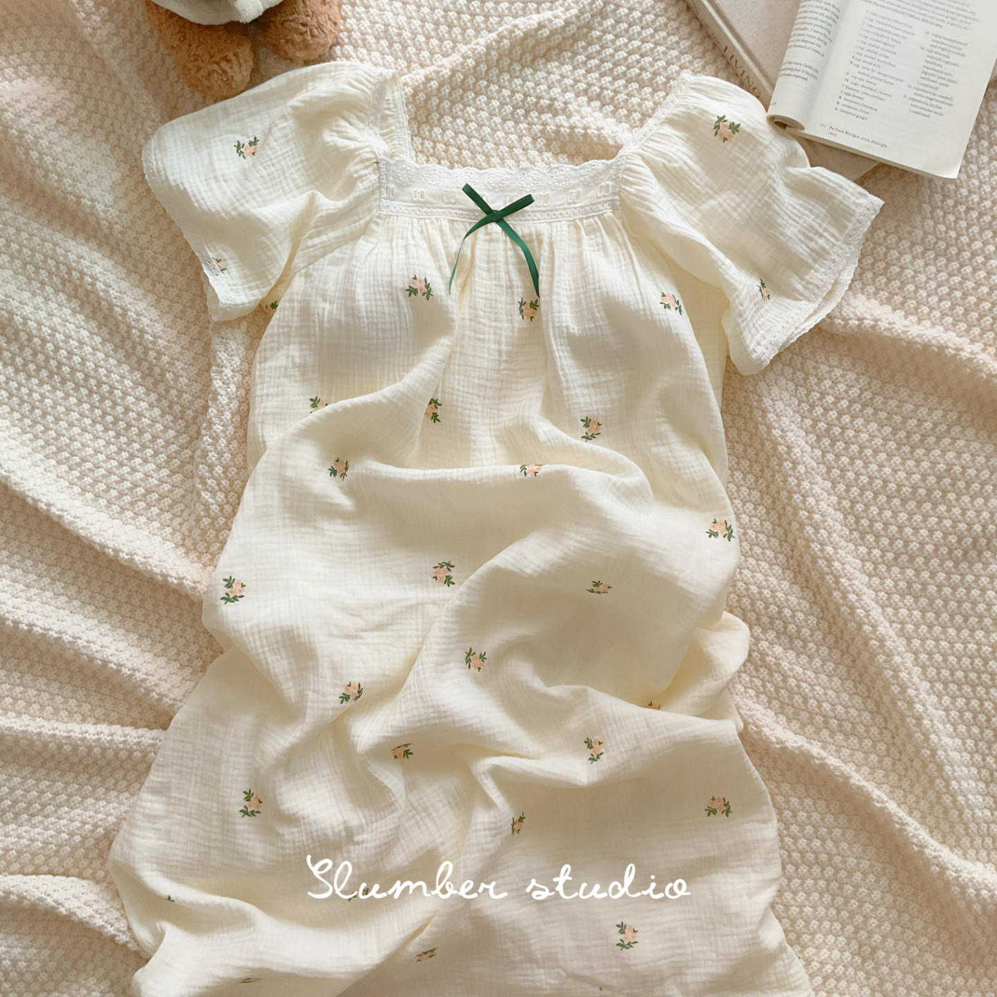 【抹茶豆乳】带胸垫夏季女睡衣纯棉睡裙绉布短袖蝴蝶结睡眠研究生