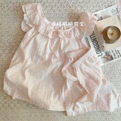 【RIPPLE】小浪花飞袖系列带胸垫夏季女碎花睡衣小奶皮套装双口袋