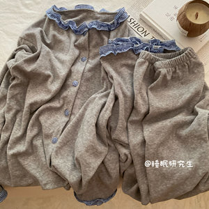 【泡芙小姐】早春新款女睡衣棉软薄绒格子花边韩系家居服两件套
