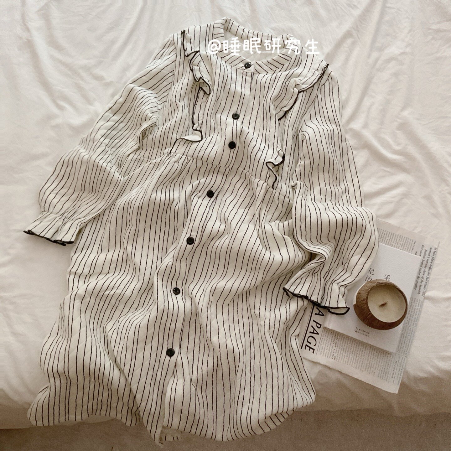 【慕斯生巧】春秋季女睡衣软料条纹空气棉月子服纯棉长袖月子睡裙