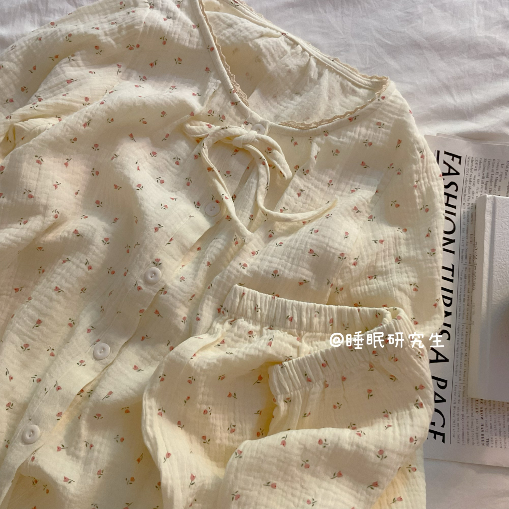 【仲夏赞美诗】带胸垫夏季女睡衣纯棉套装绉布短袖小碎花家居服