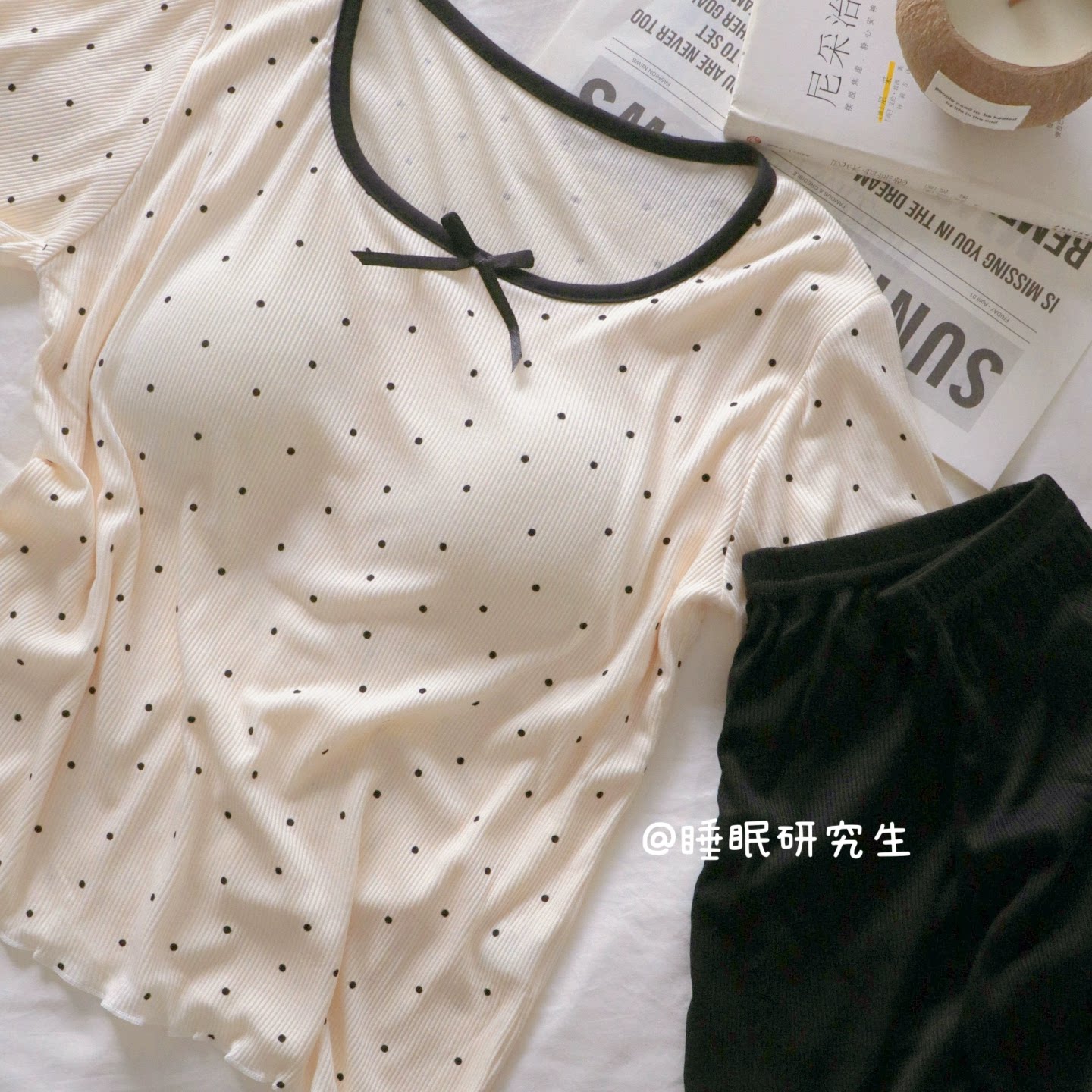 【奶油可可】带胸垫夏季女睡衣弹力软料莫代尔遛弯可外穿奶油波点