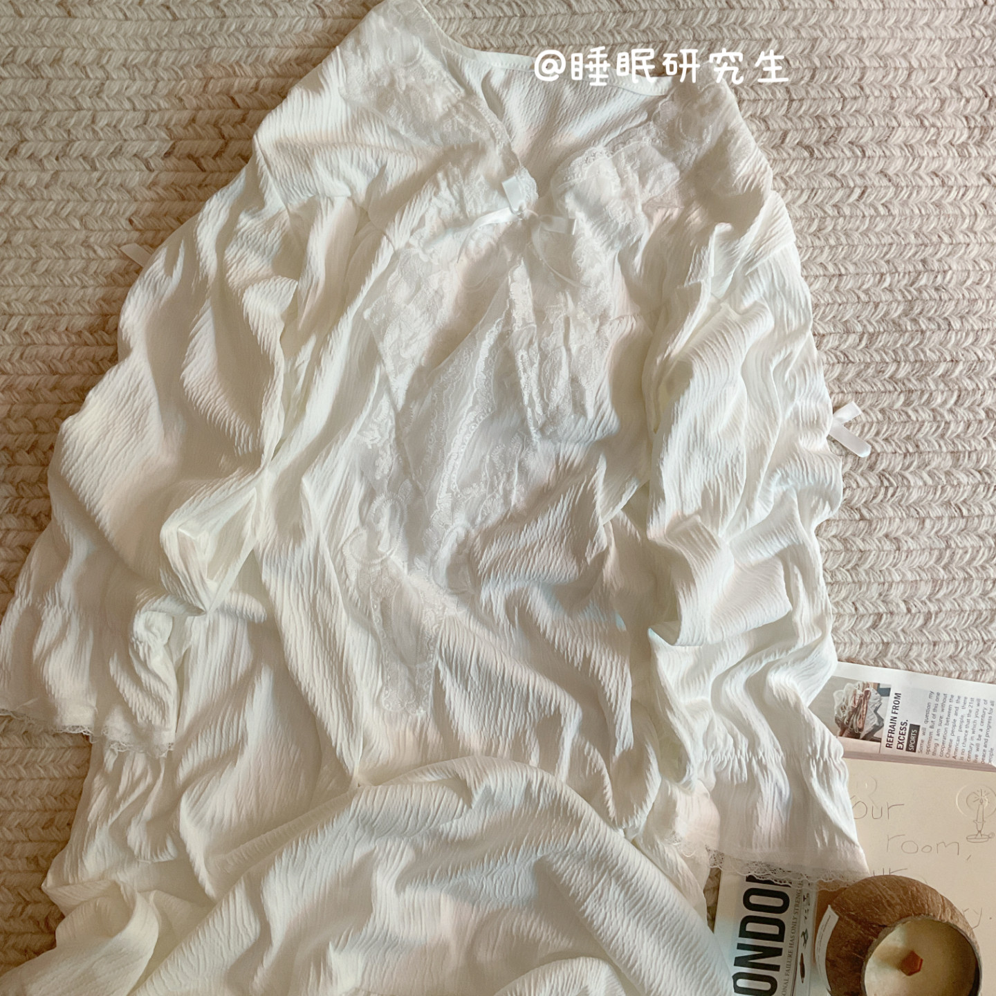 【昭和细雪】带胸垫小奶皮春夏季女睡衣软料日系蕾丝长袖睡裙大码