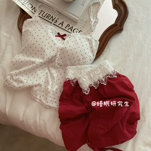 【樱桃布蕾】带胸垫夏季女纯棉睡衣套装吊带吸汗透气蕾丝刺绣法式