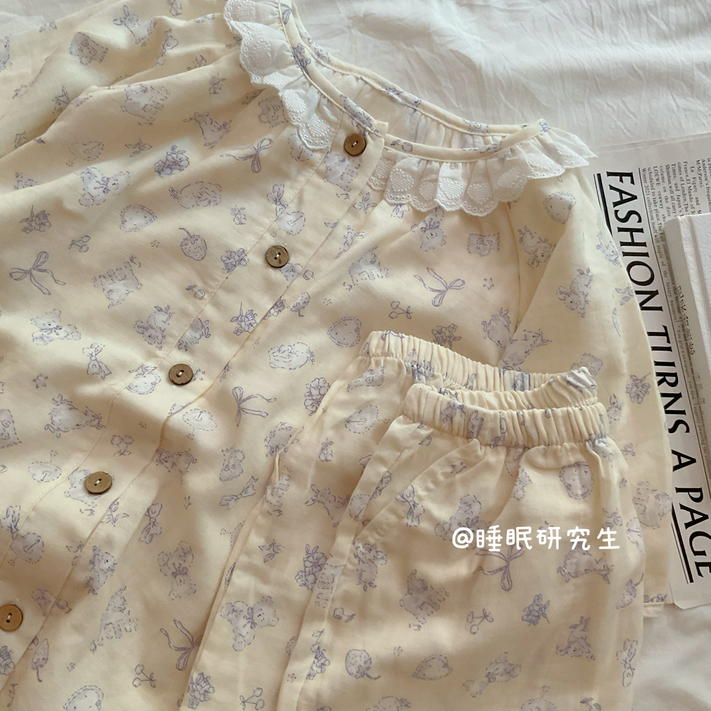【馥芮白】A类全棉柔雾纱系列夏款女睡衣纯棉套装双层纱短袖短裤
